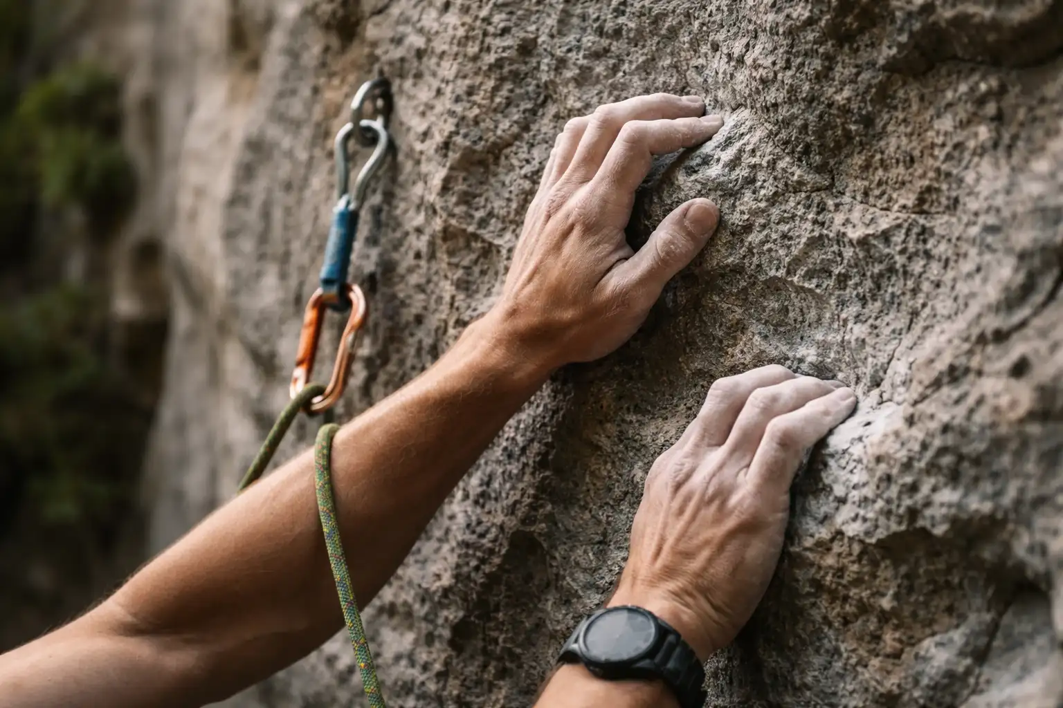Gros plan mains de grimpeur sur prises d'escalade avec corde et dégaine visible