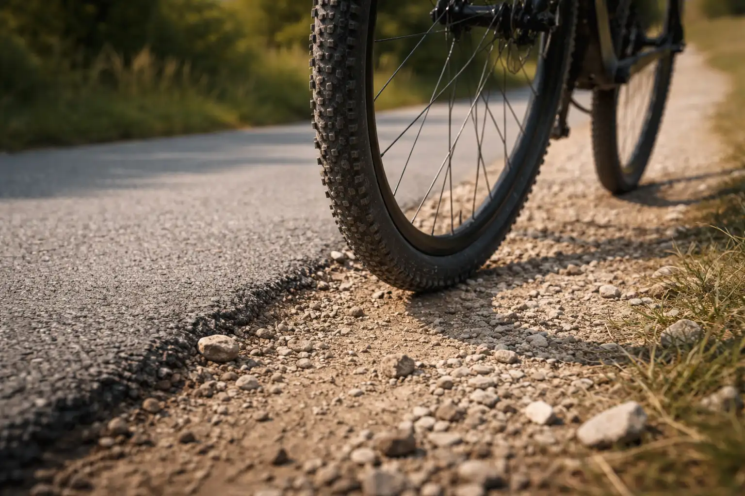 Gravel bike on mixed terrain showing transition from asphalt to gravel path