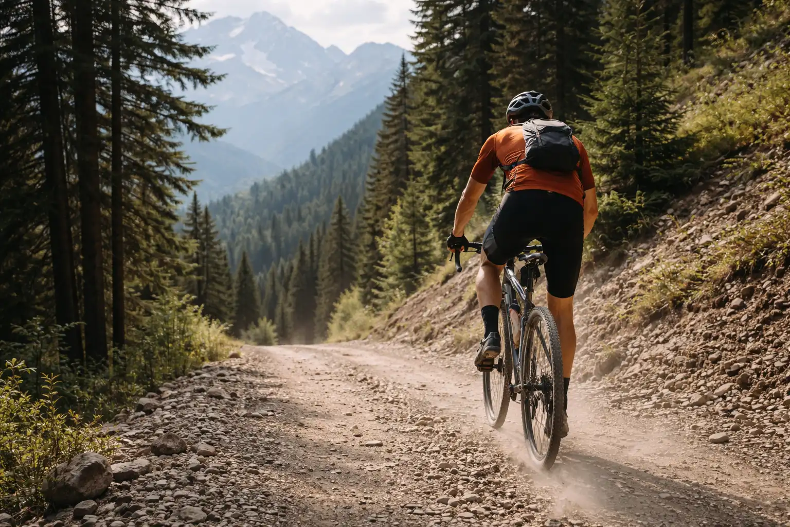 Cyclist climbing steep gravel hill with elevation profile visible