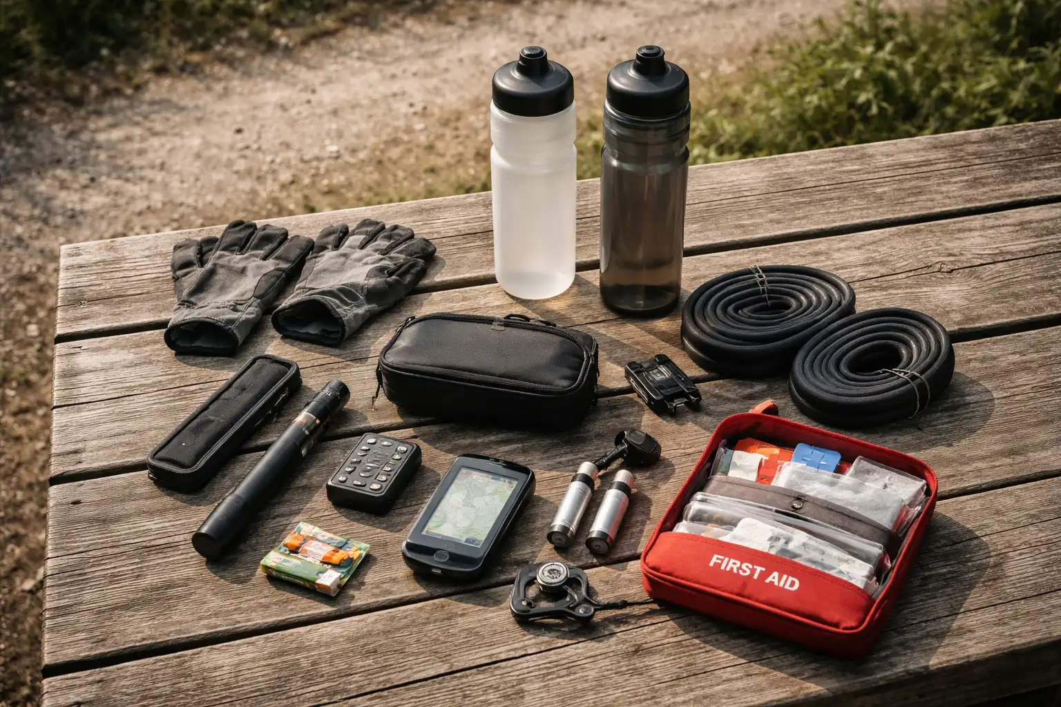 Gravel bike repair kit and safety equipment laid out on trail