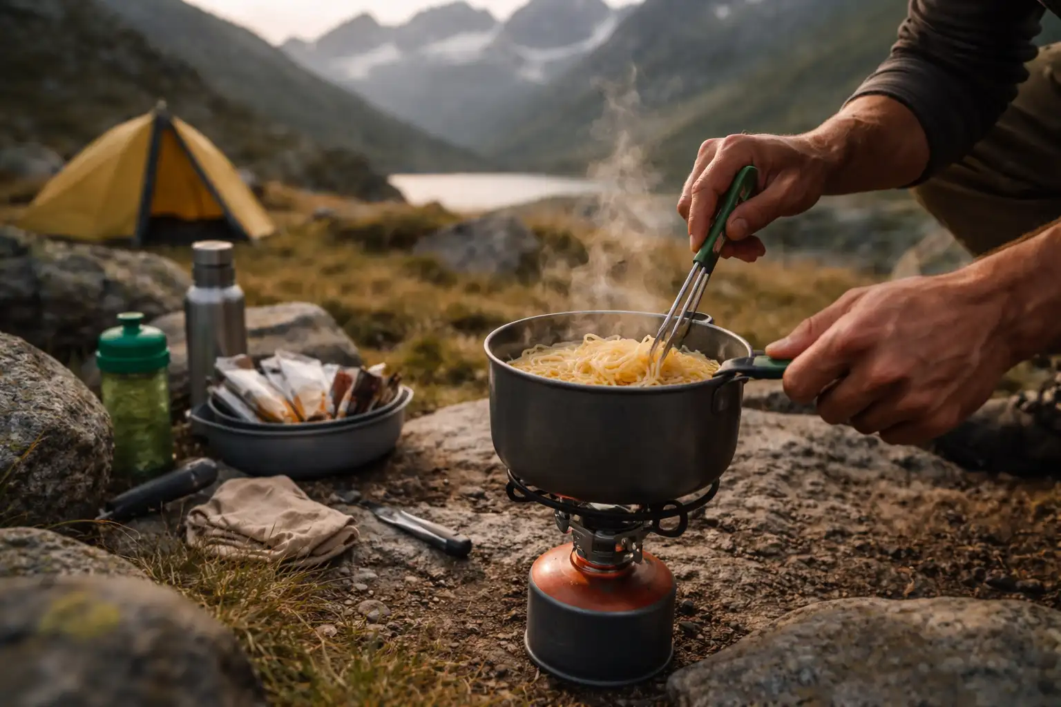 Repas de trek préparé au réchaud en bivouac de montagne