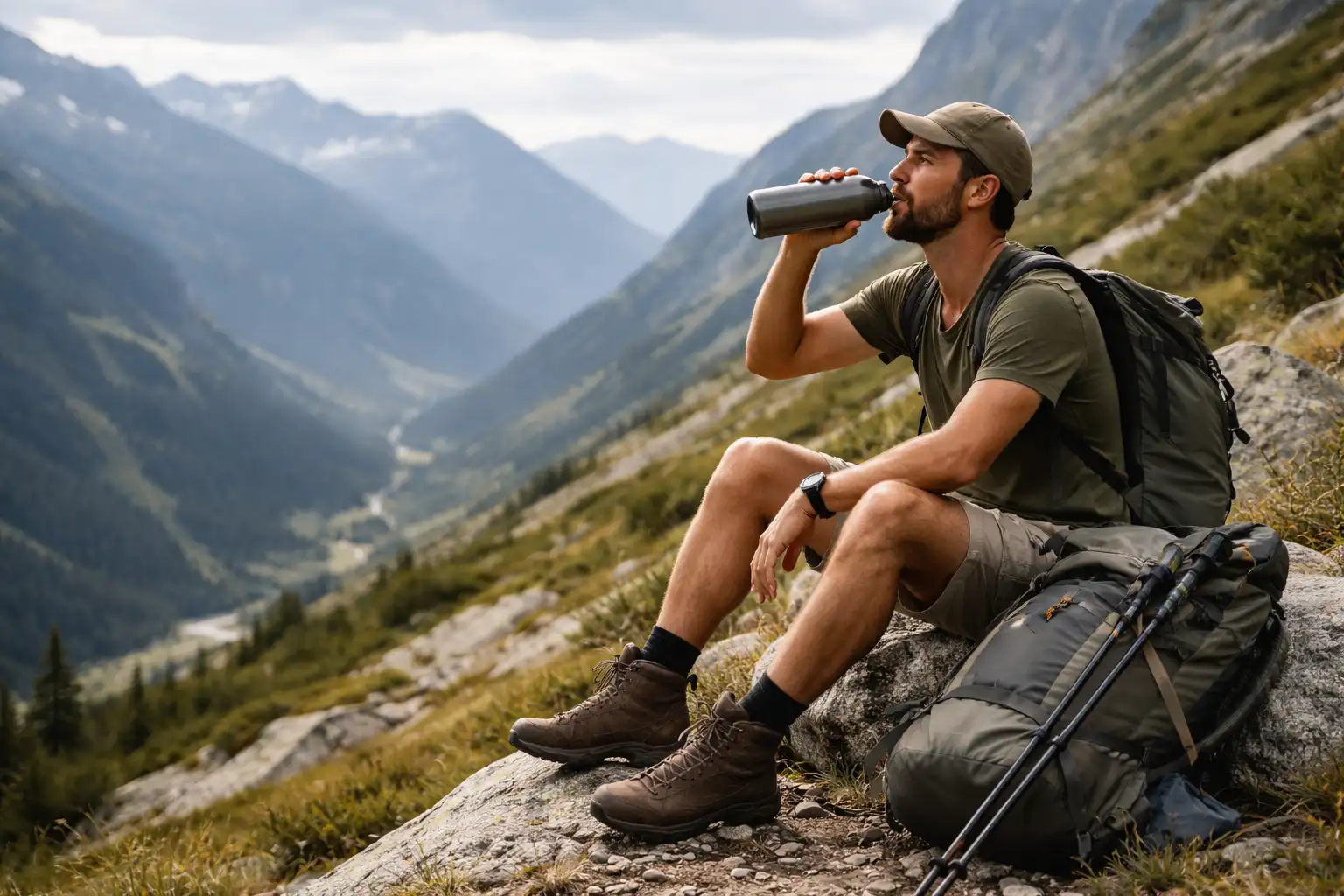 Trekkeur en pause hydratation sur sentier de montagne avec vue panoramique