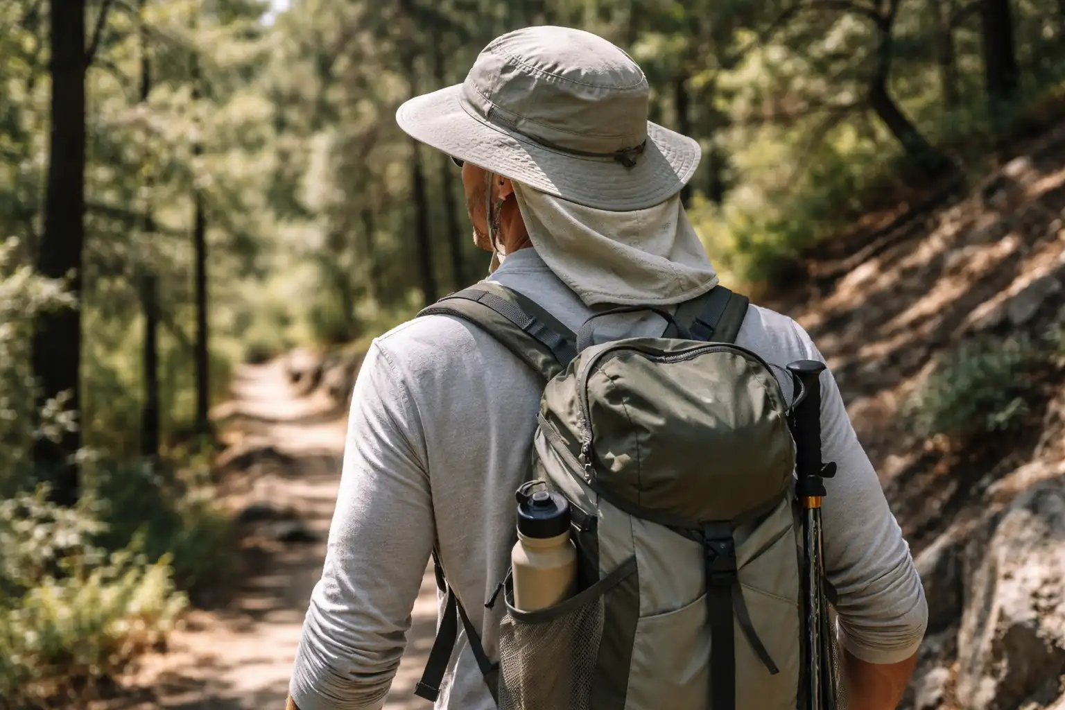 Détail vêtements techniques clairs et respirants portés en randonnée estivale