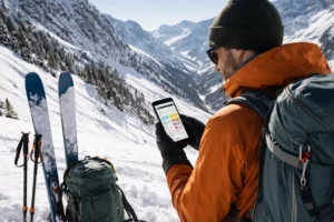 Skieur de randonnée en montagne, illustration pour un guide d entretien des peaux de phoque