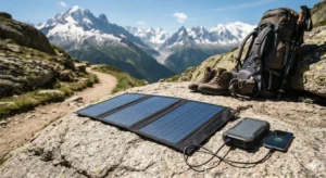 Panneau solaire pliable posé sur un rocher en montagne, rechargeant un smartphone avec un sac à dos et des chaussures de randonnée en arrière-plan dans les Alpes.