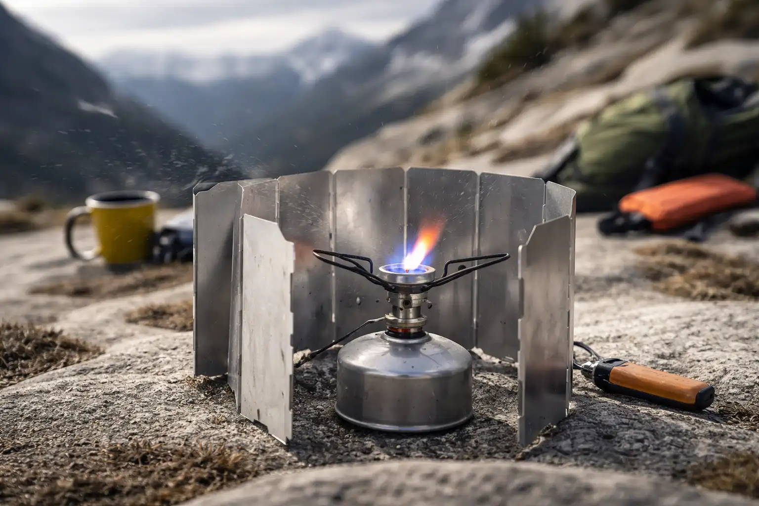 Réchaud à cartouche gaz installé avec pare-vent en conditions de vent en montagne