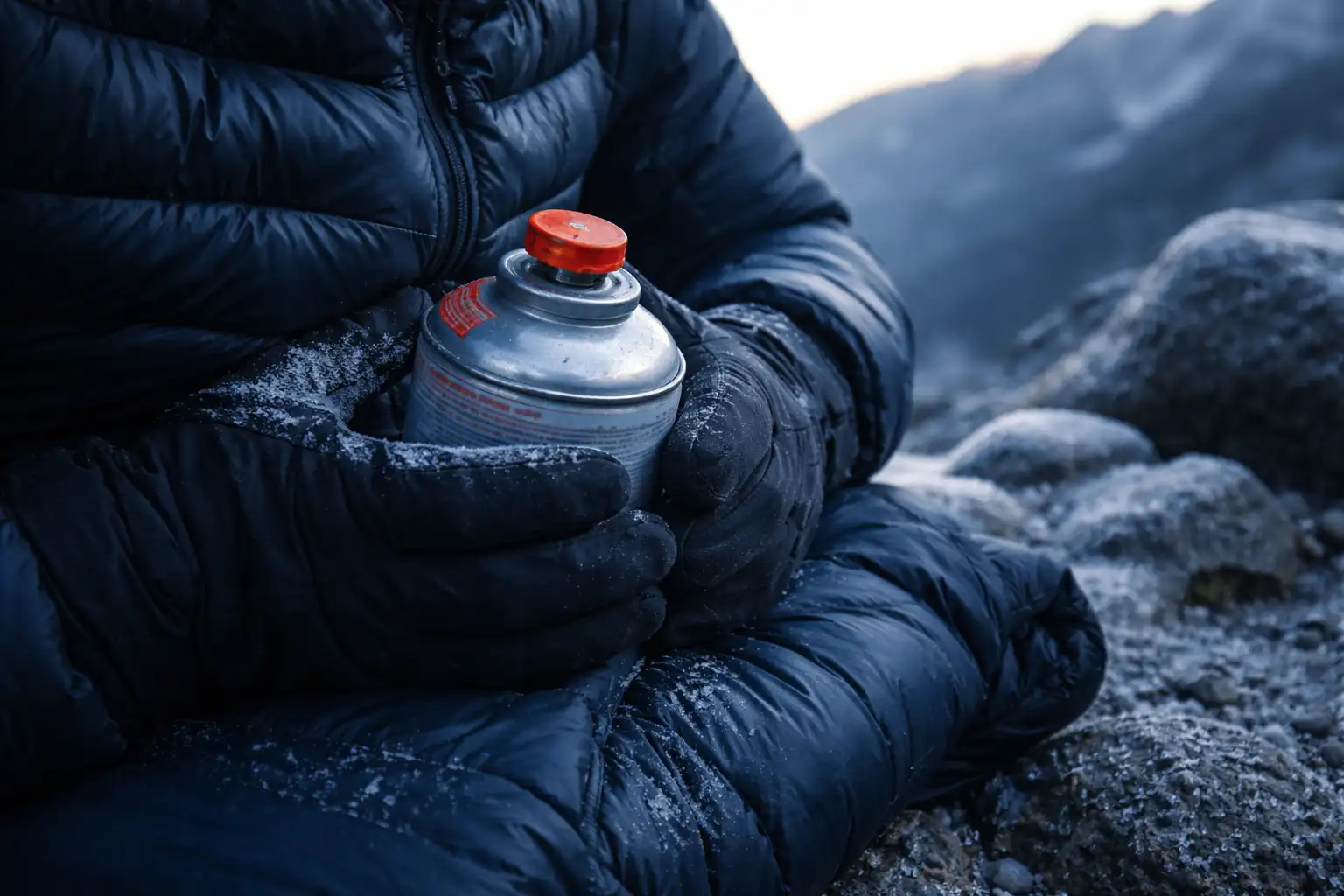 Mains gantées préchauffant une cartouche de gaz sous une veste en conditions froides