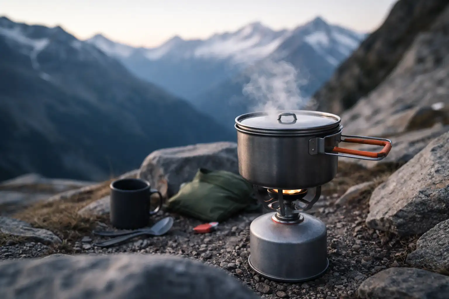 Casserole avec couvercle sur réchaud gaz en train de bouillir en bivouac de montagne