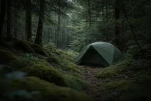 Bivouac discret installé au crépuscule dans un environnement naturel, sans trace visible