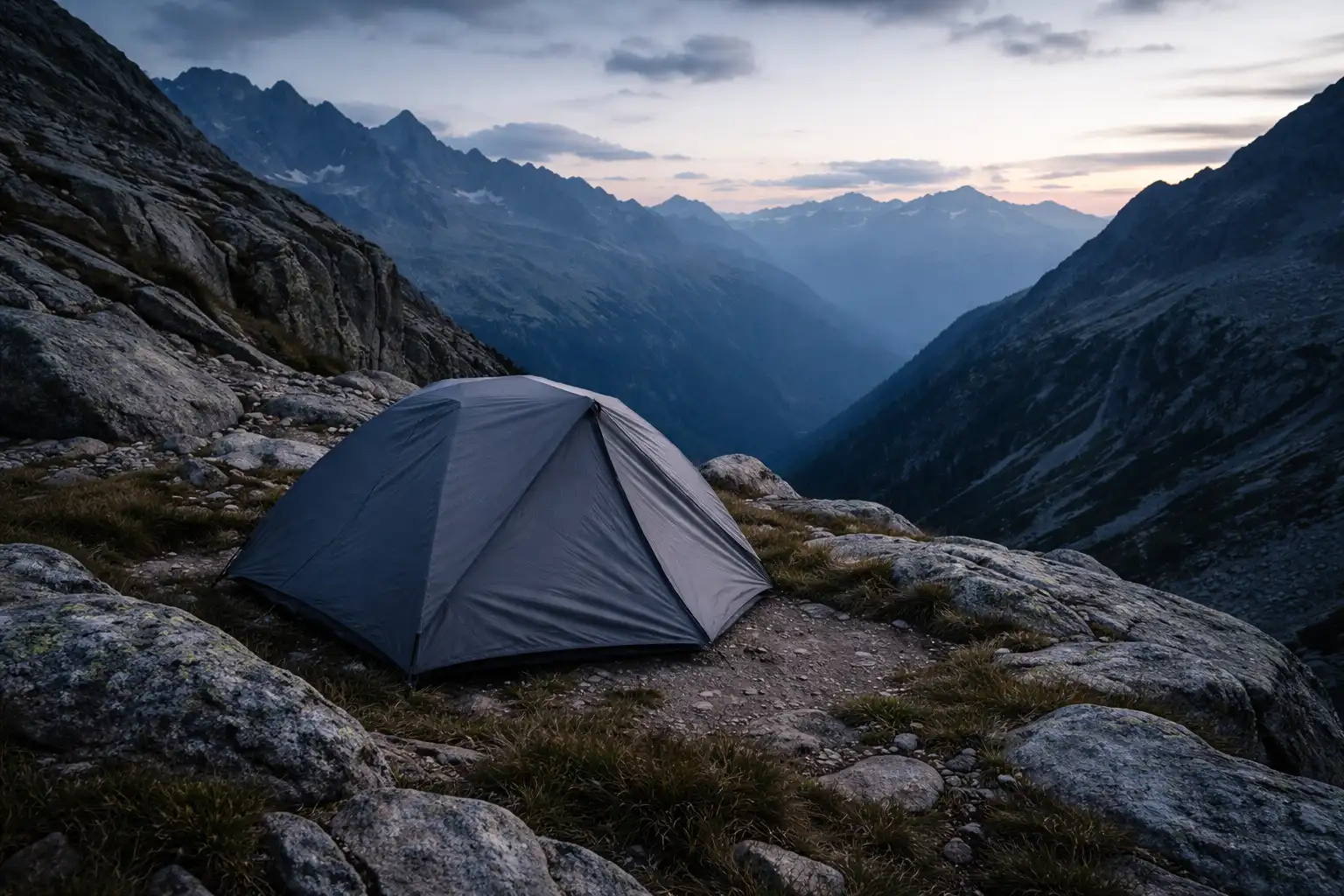 Tente de bivouac discrète installée sur replat rocheux en montagne au crépuscule