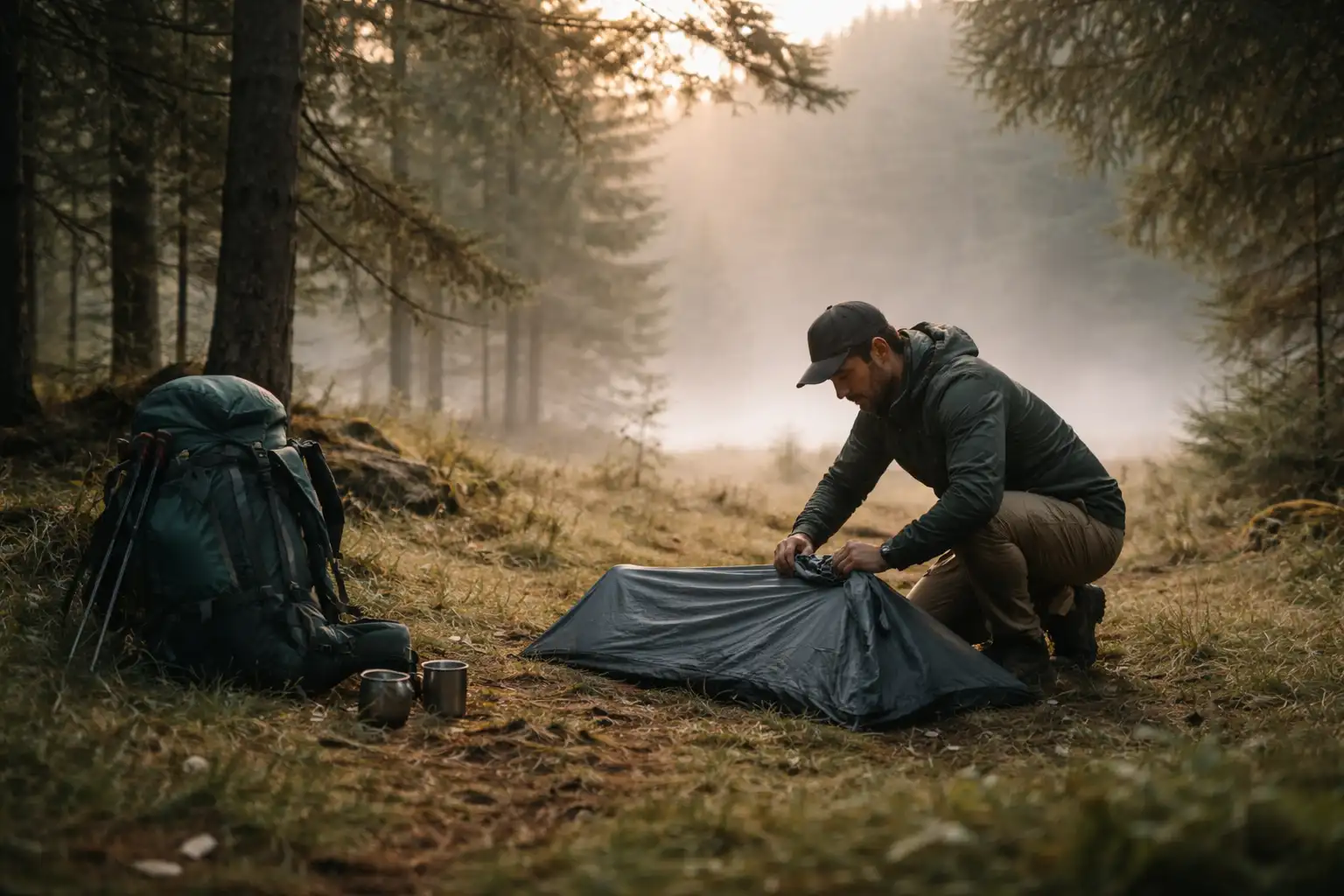 Randonneur repliant une tente de bivouac au lever du jour en forêt