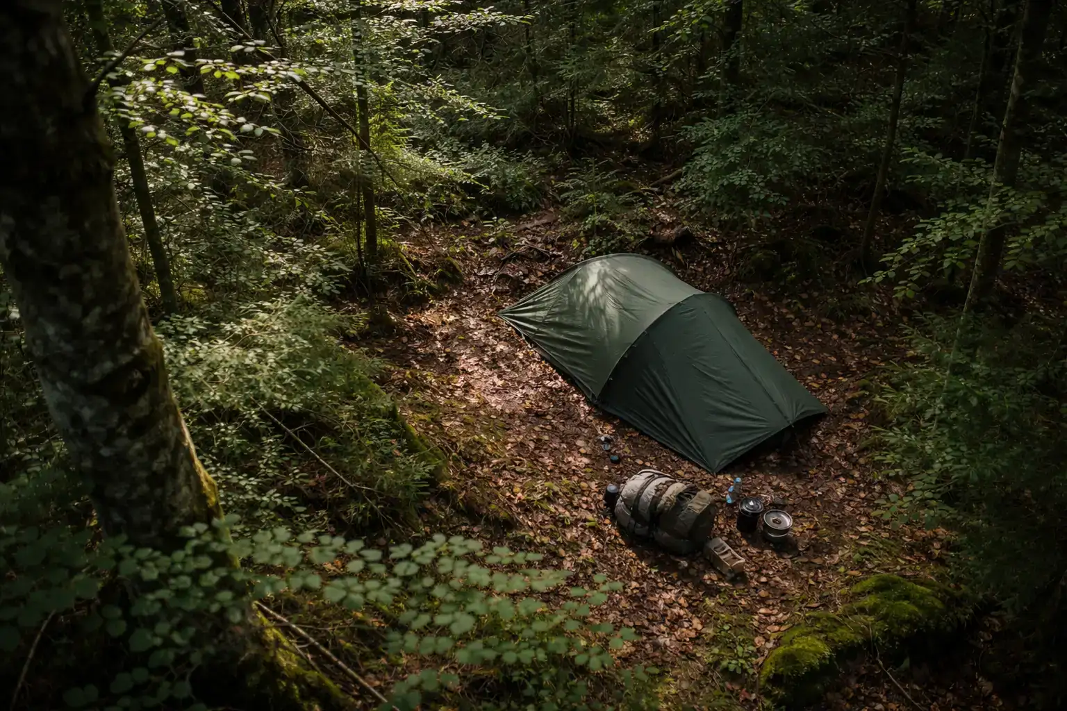 Vue aérienne d'un emplacement de bivouac discret en sous-bois sans trace visible
