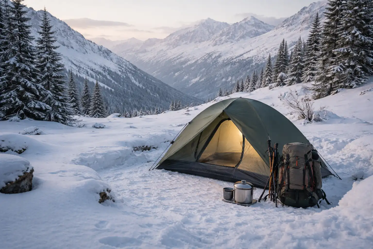 Emplacement de bivouac hivernal sur replat enneigé avec vue dégagée