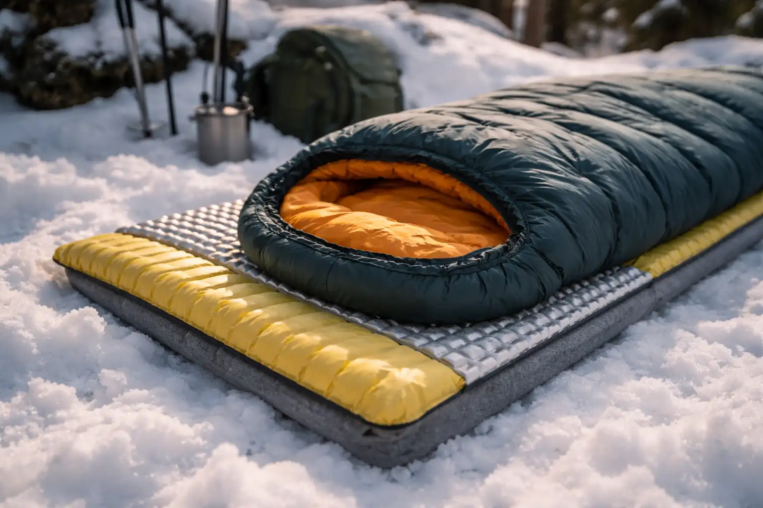 Matelas isolant épais déployé sur neige avec sac de couchage grand froid