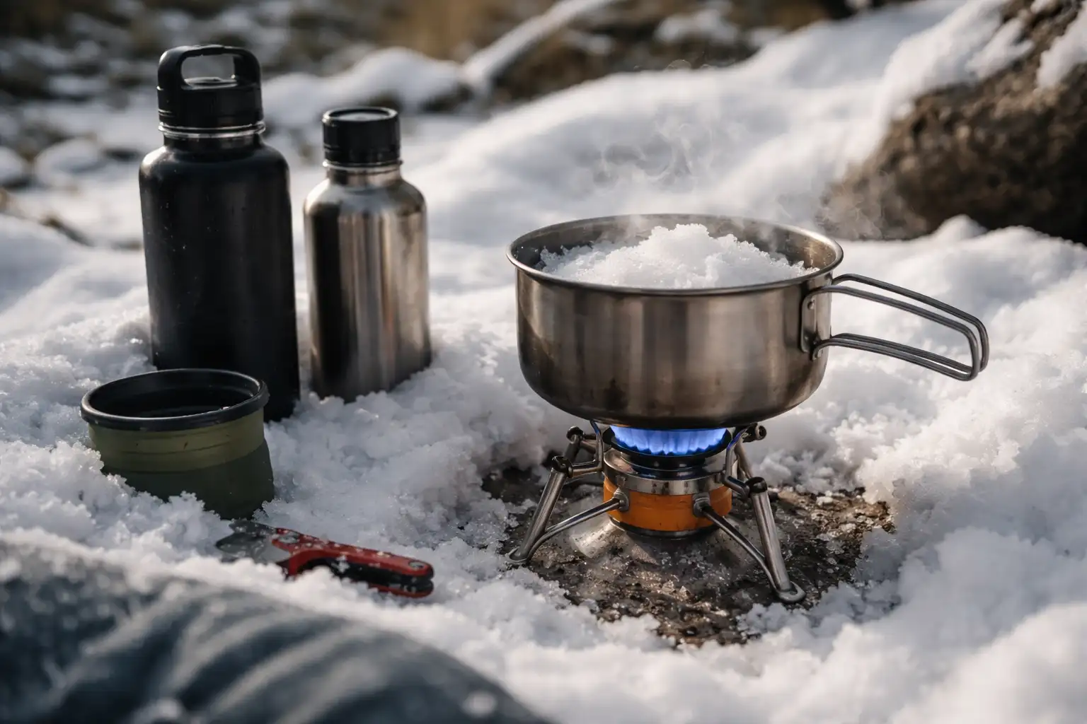Réchaud allumé faisant fondre de la neige dans une casserole en conditions hivernales