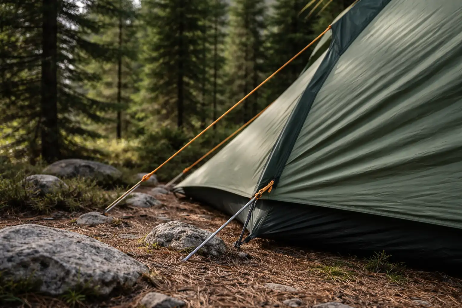 Tente de bivouac bien ancrée dans un replat protégé par des arbres avec haubans tendus