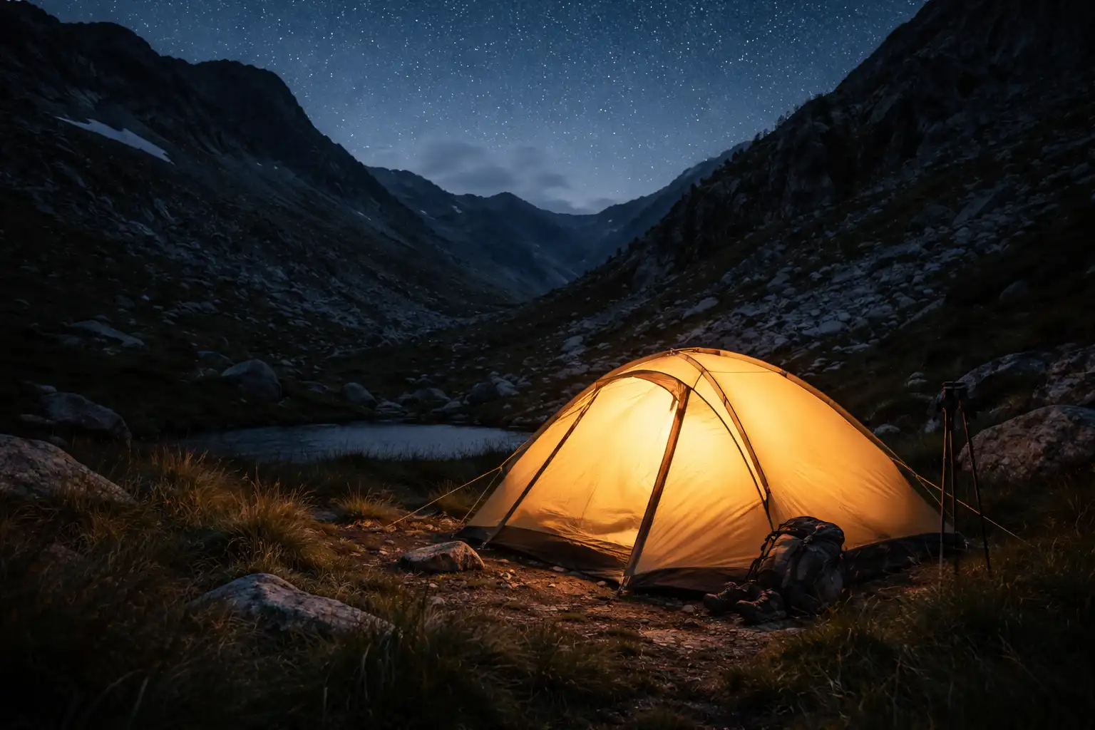 Bivouac de nuit avec tente éclairée de l'intérieur dans un environnement venteux mais protégé