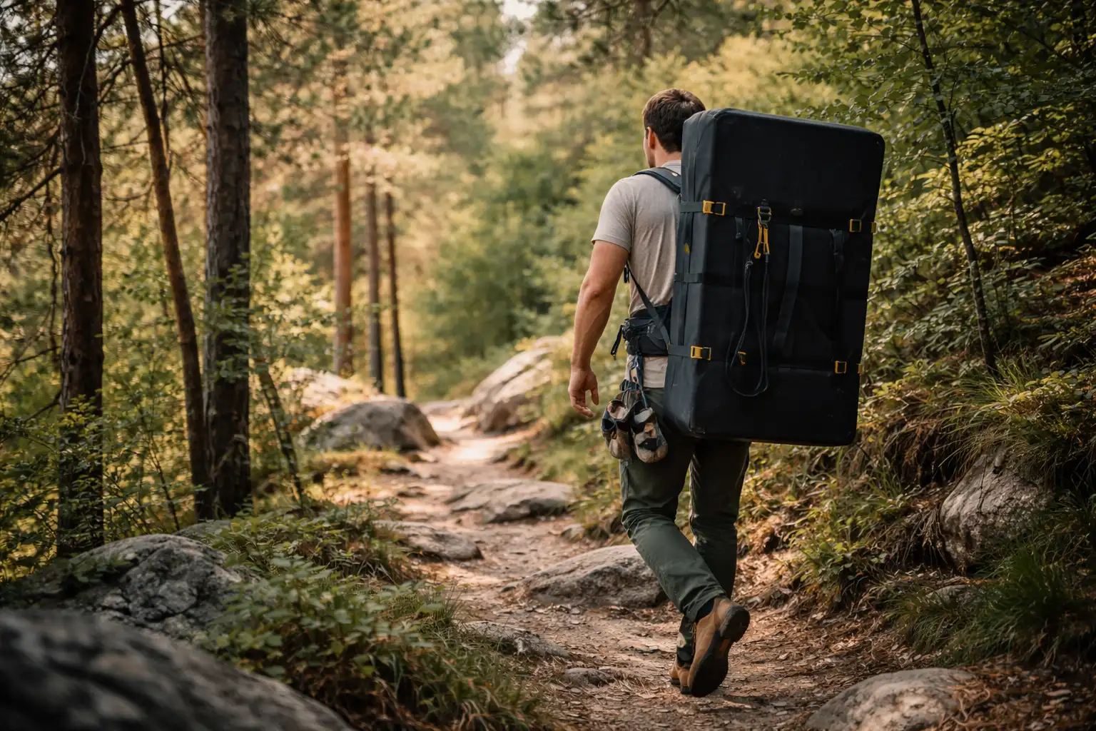 Grimpeur transportant un crashpad sur le dos en forêt