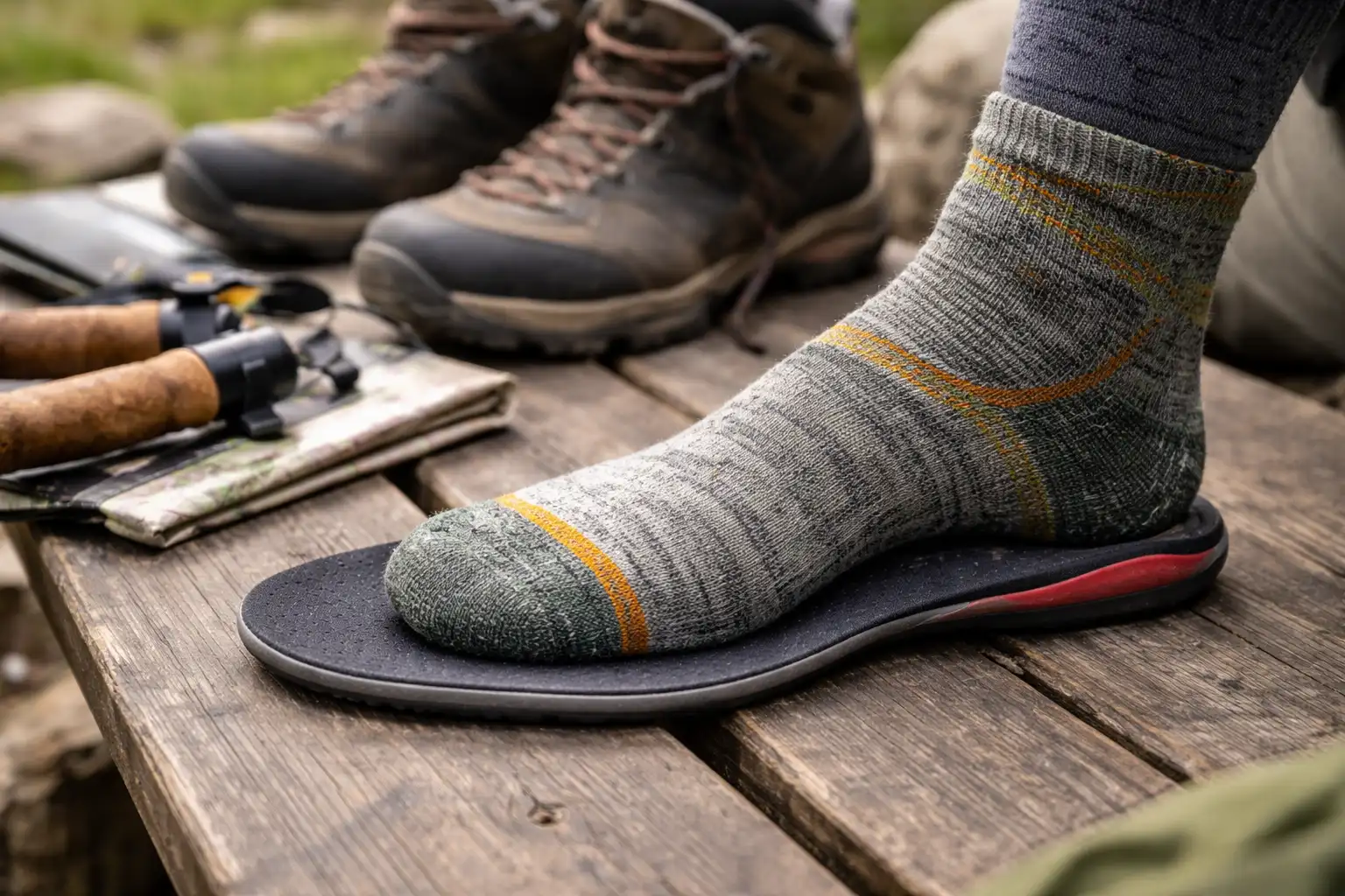 Gros plan sur un pied en chaussette technique posé sur une semelle intérieure de chaussure de randonnée pour vérifier l'ajustement