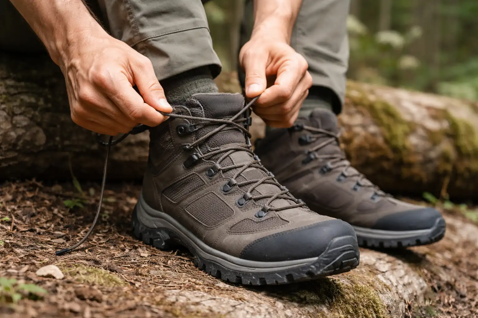 Mains d'un randonneur effectuant un laçage bloqué sur une chaussure de randonnée mid, en extérieur sur un sentier forestier