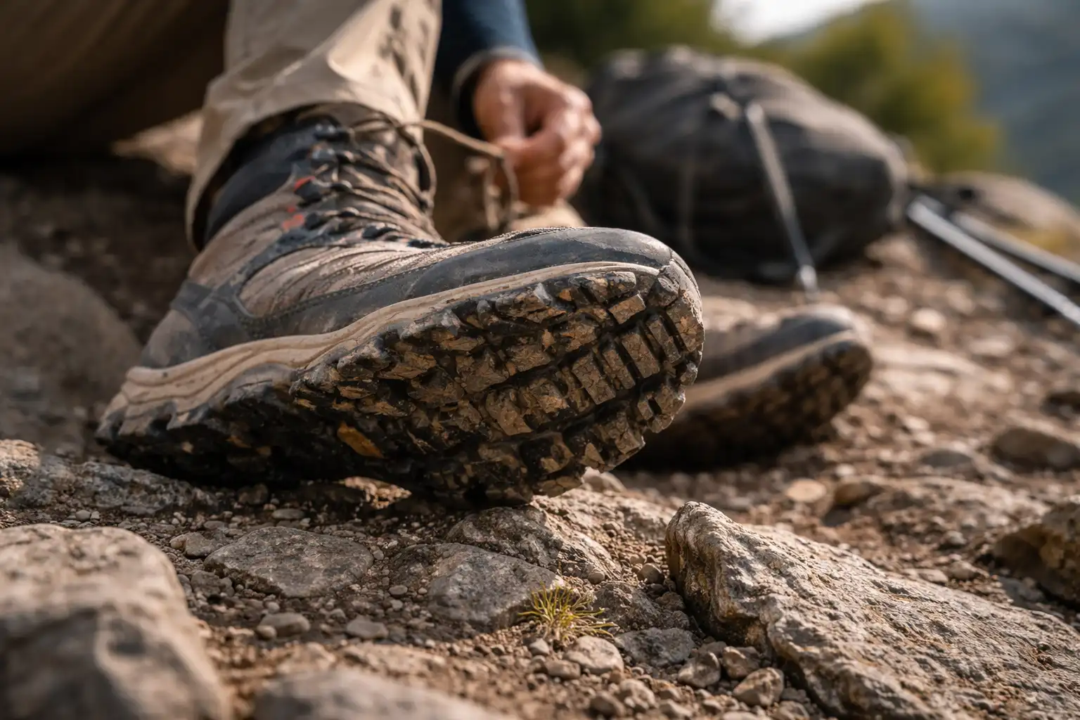 Vue rapprochée de la semelle extérieure d'une chaussure de randonnée avec crampons profonds, posée sur un terrain pierreux