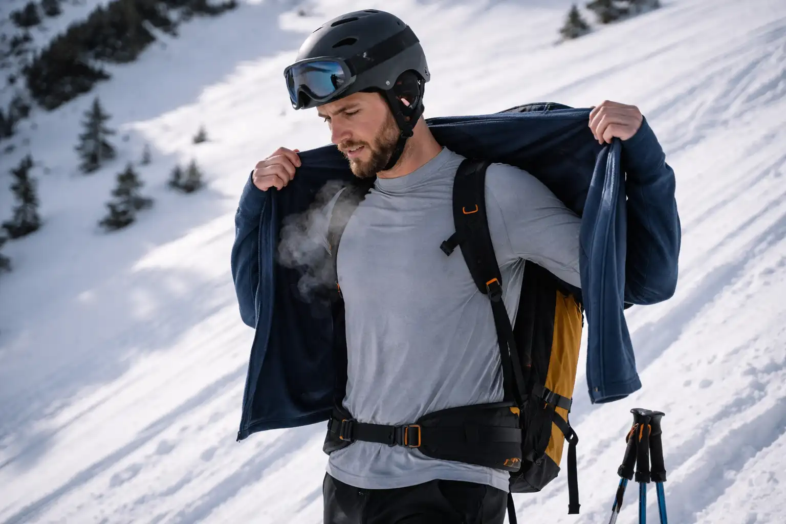 Skieur de randonnée retirant couche intermédiaire en montée, gestion thermorégulation