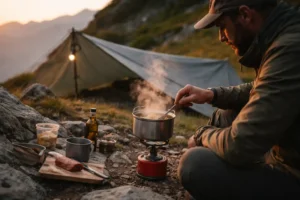 Campement de bivouac avec tarp en montagne, illustration pour un guide de bivouac sous la pluie