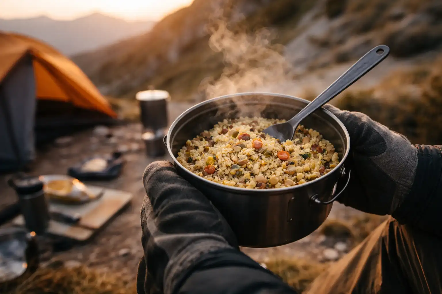 Cuisine de bivouac sous abri en montagne, illustration pour s alimenter par mauvais temps