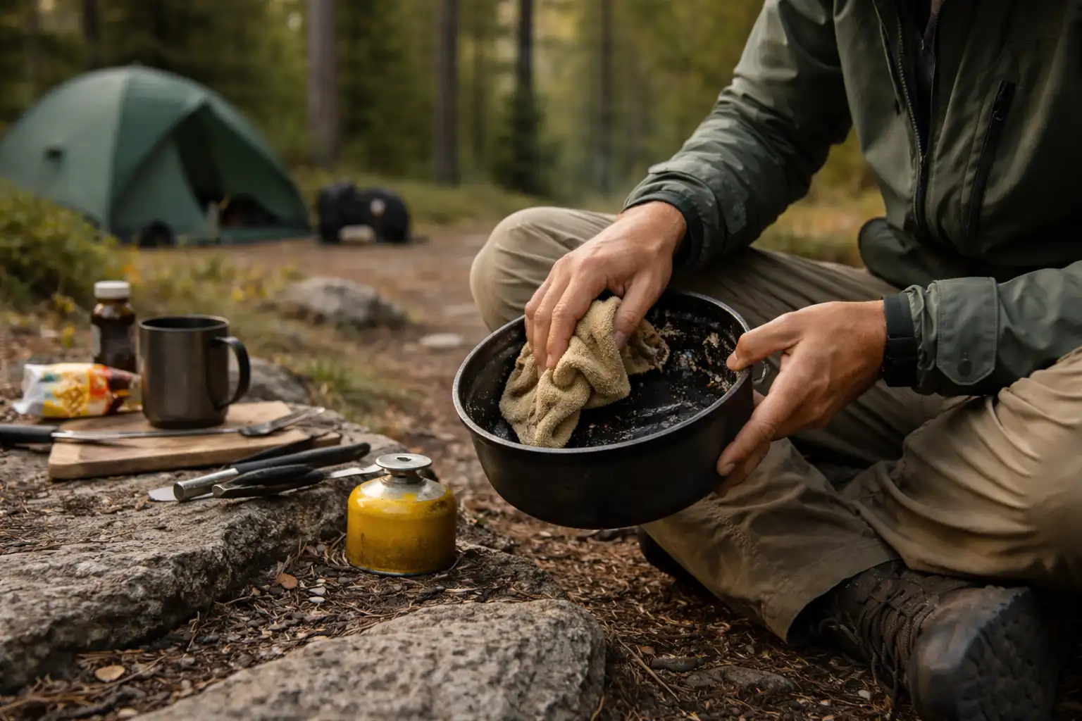 Matériel de bivouac organisé au sec, illustration pour gérer l humidité sous la pluie