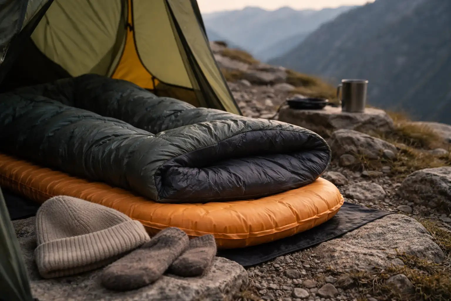 Matelas isolant et sac de couchage en bivouac montagne, bonnet et chaussettes disposés à côté
