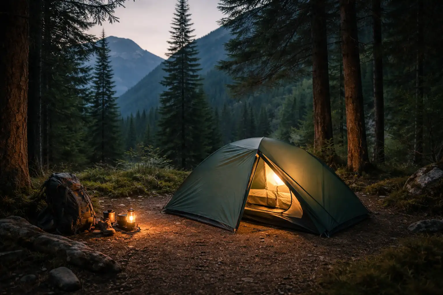 Bivouac installé dans zone abritée du vent, loin des arbres morts, emplacement plat et dégagé