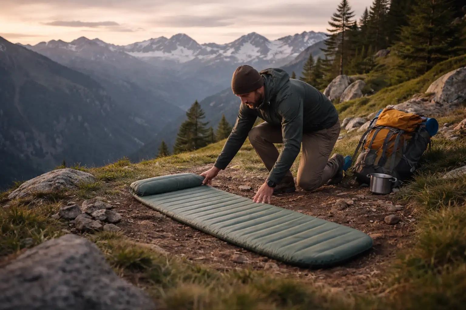 Randonneur préparant son bivouac, nettoyage du sol et installation soigneuse du matelas