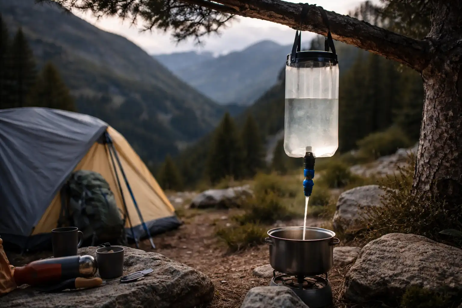 Système de filtration à gravité suspendu au-dessus d'un récipient lors d'un bivouac