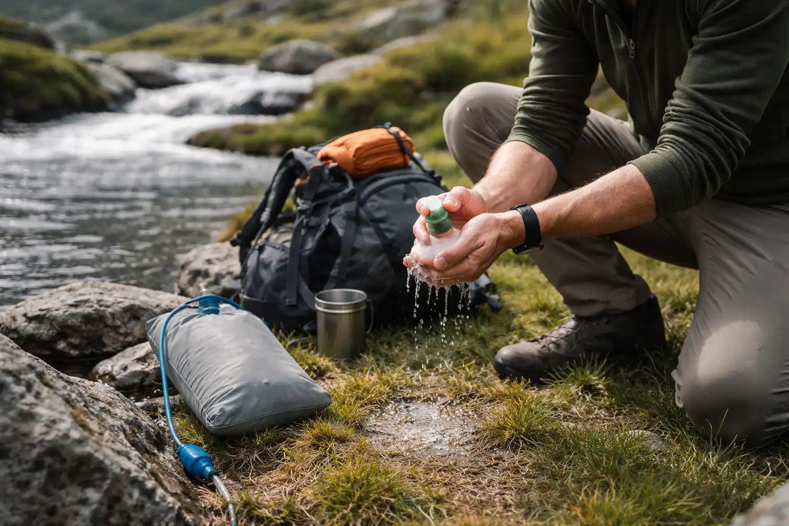 Gestes d'hygiène des mains avec savon biodégradable près d'un point d'eau en trek