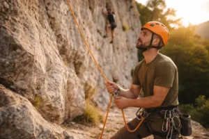 Assureur attentif en escalade avec corde et grimpeur en paroi