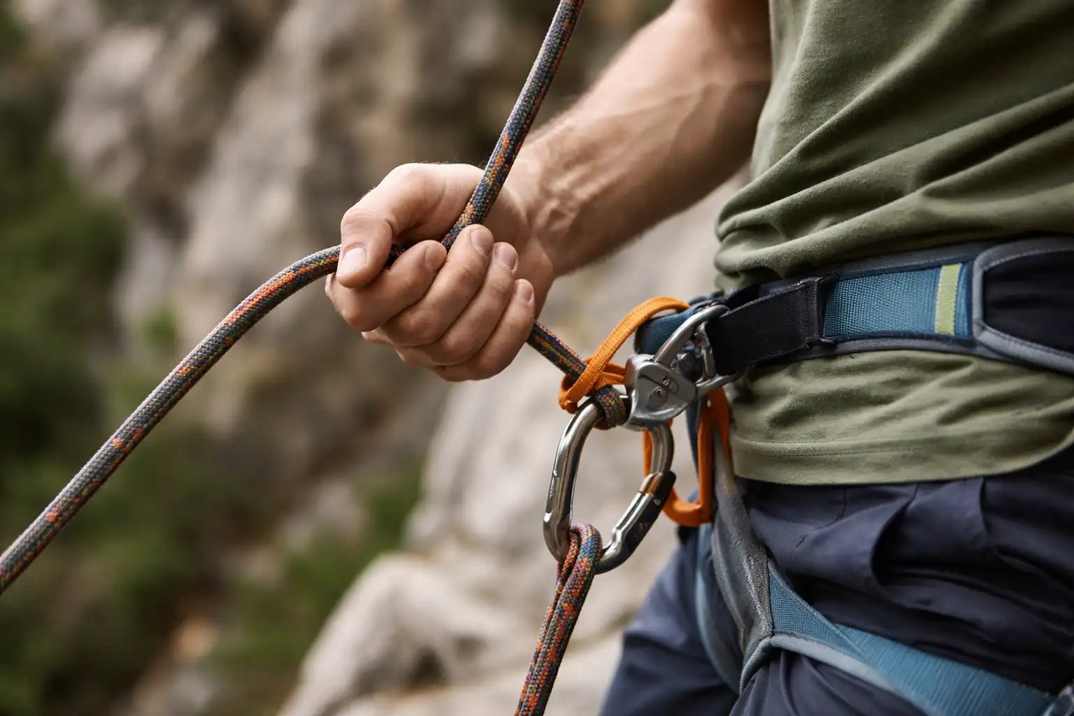 Main frein sur la corde et système d assurage en escalade