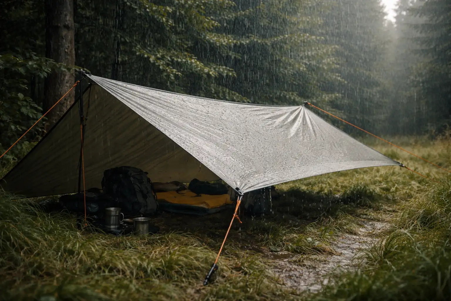 Installation d un tarp de bivouac pour évacuer l eau de pluie