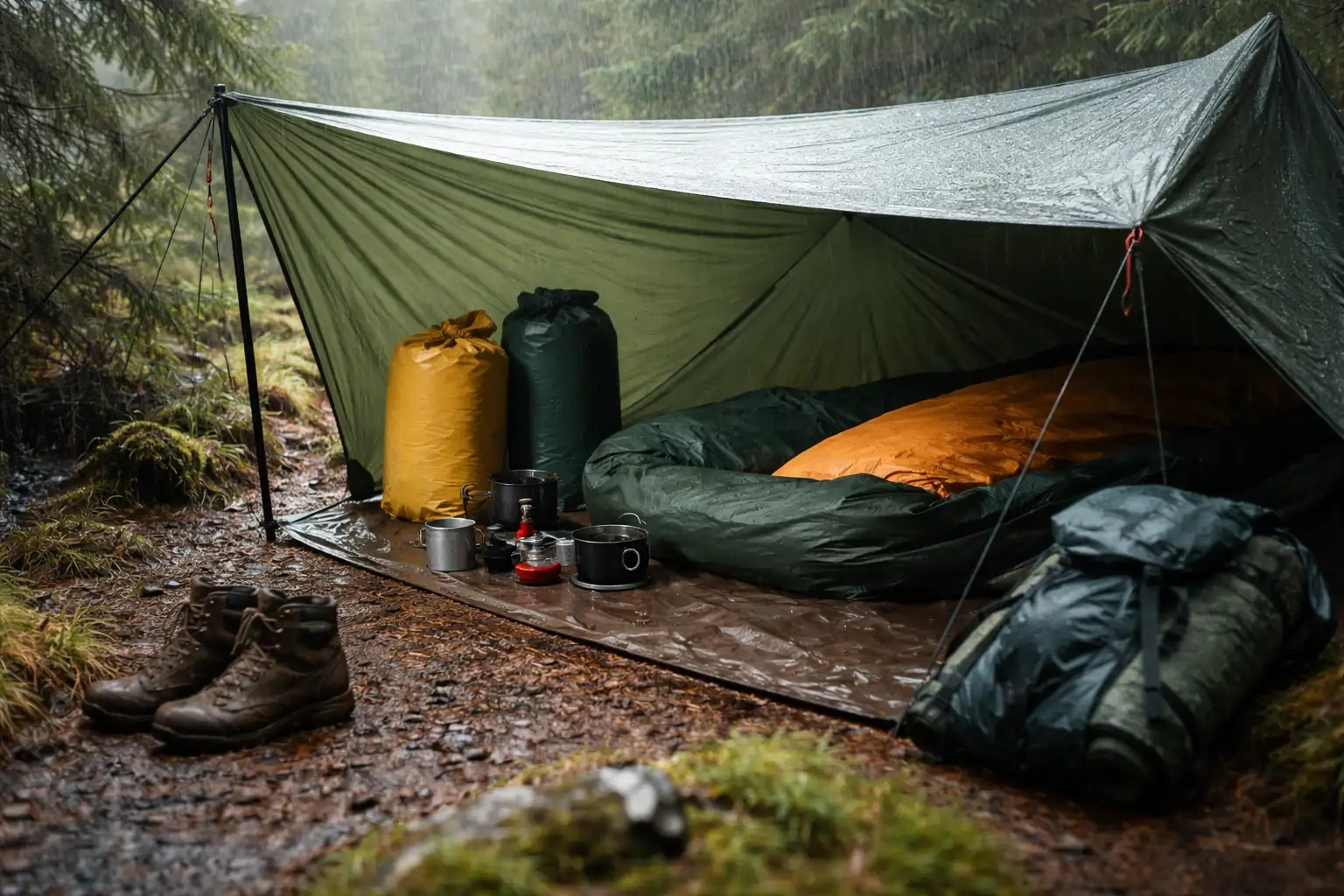 Organisation du matériel sec sous abri pendant un bivouac pluvieux