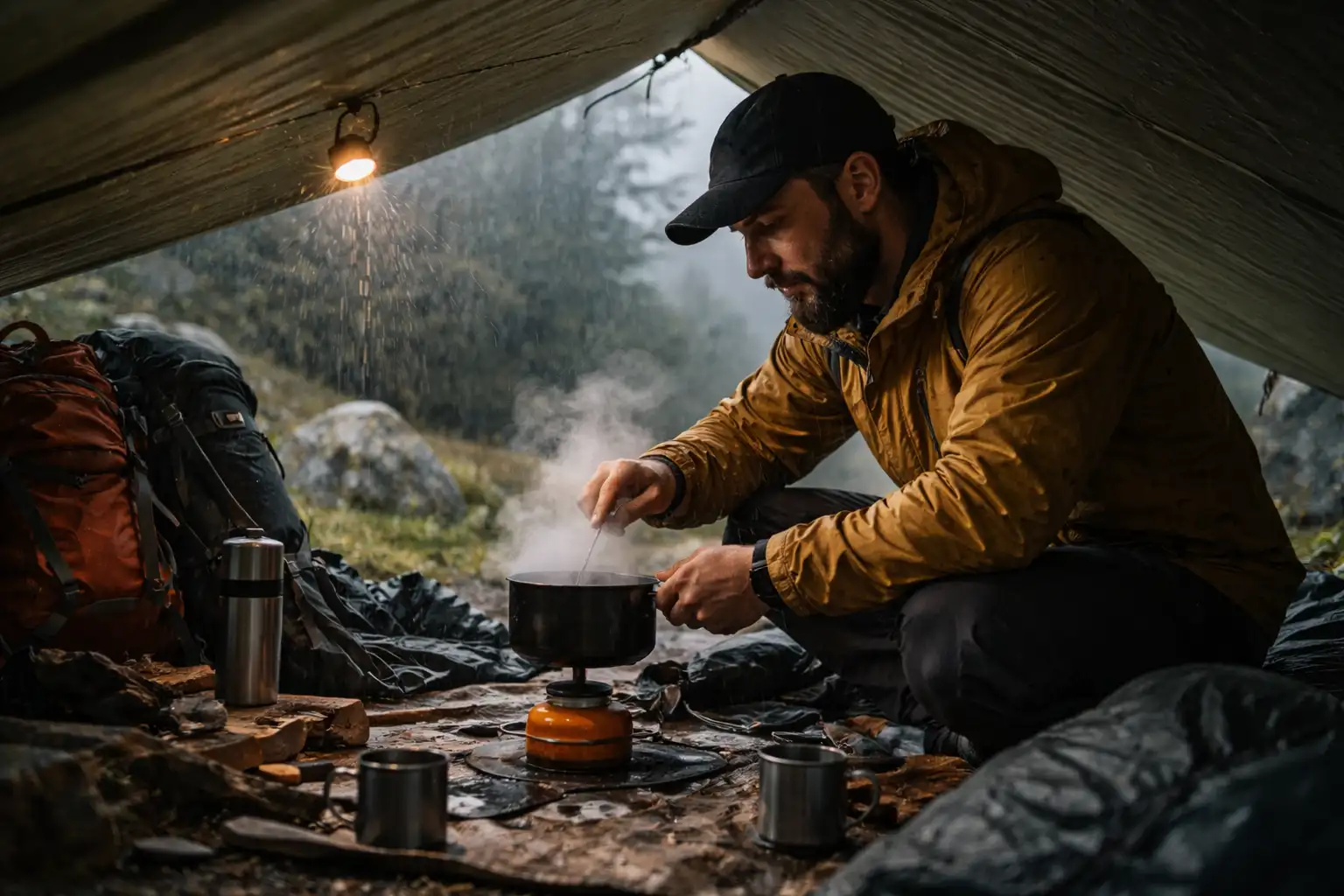 Cuisine de bivouac sous abri par mauvais temps
