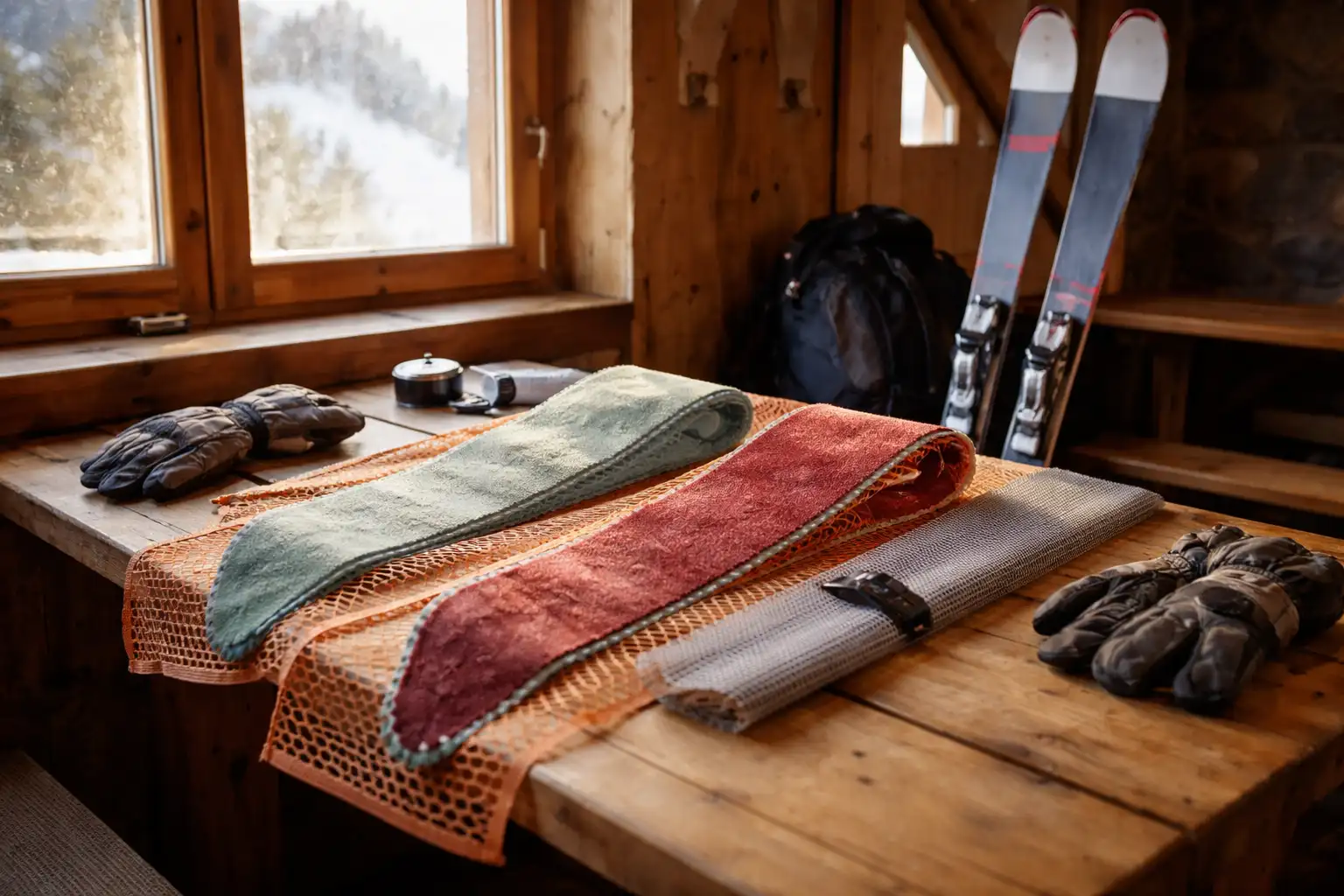 Séchage de peaux de phoque après une sortie ski de randonnée