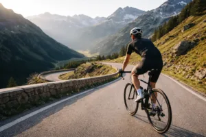 Cycliste montant un col sur route de montagne avec lacets, illustration réaliste de pacing à vélo
