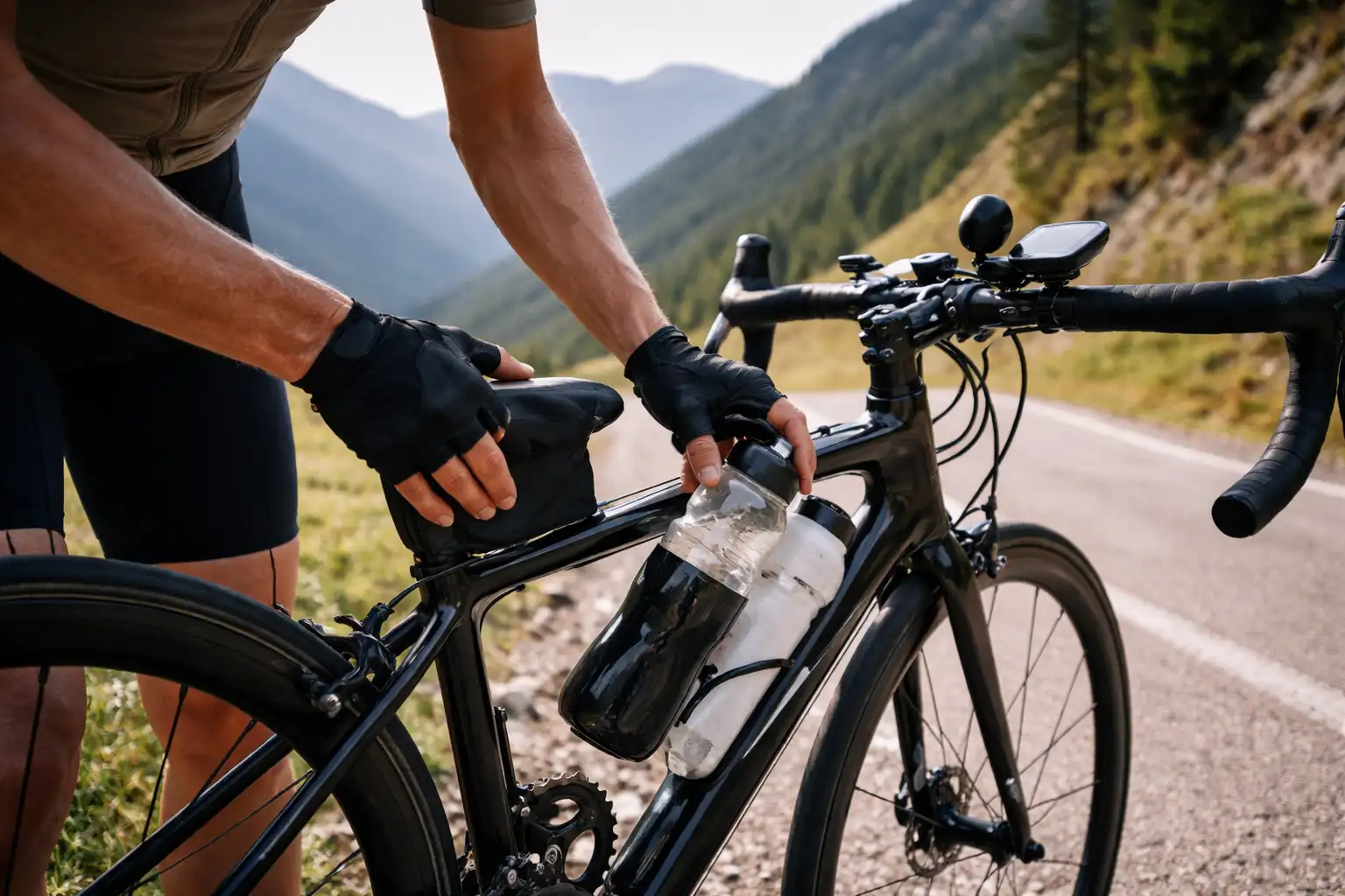 Cycliste préparant son vélo et son braquet avant une longue ascension