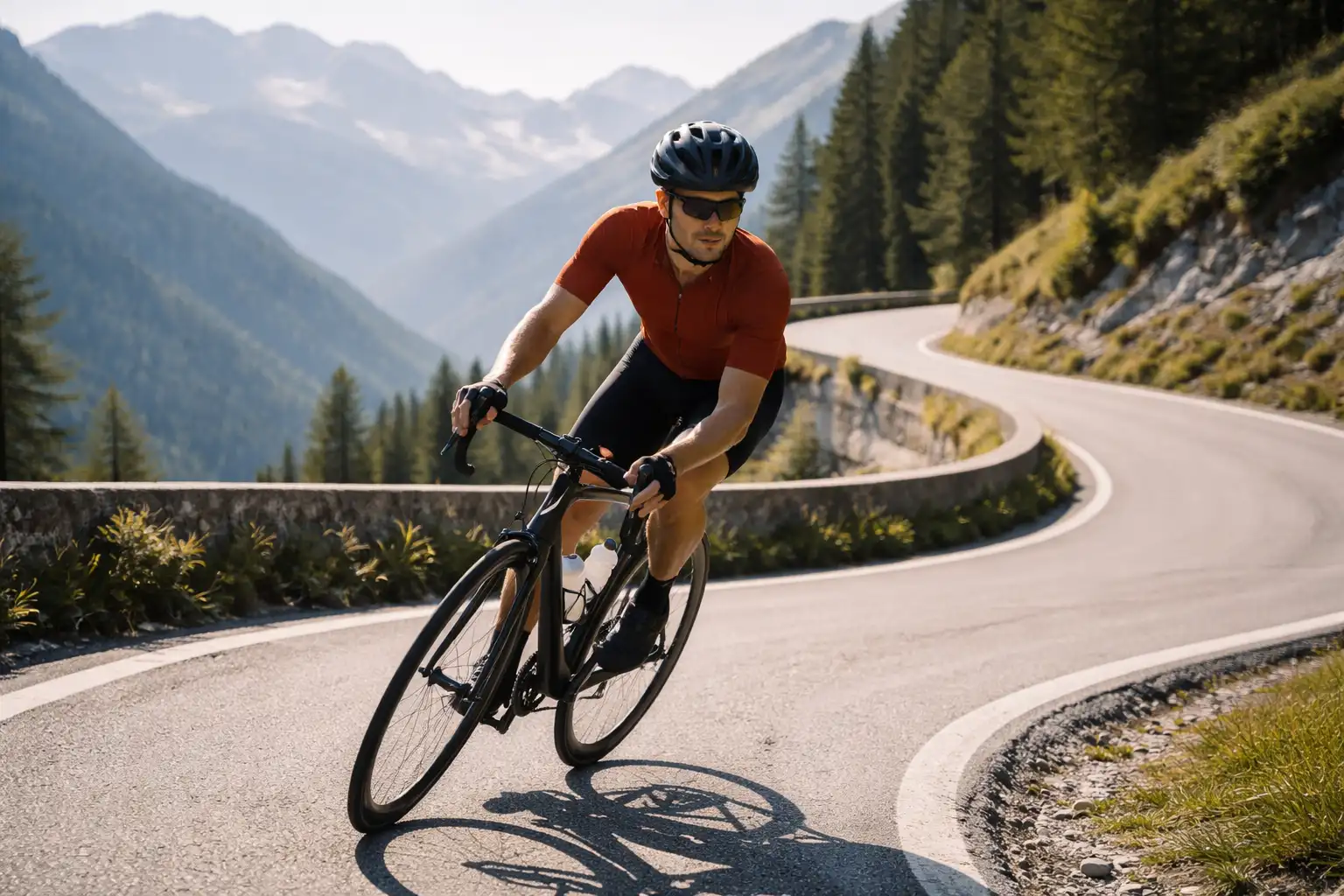 Cycliste régulier dans un lacet de col, respiration contrôlée et effort dosé
