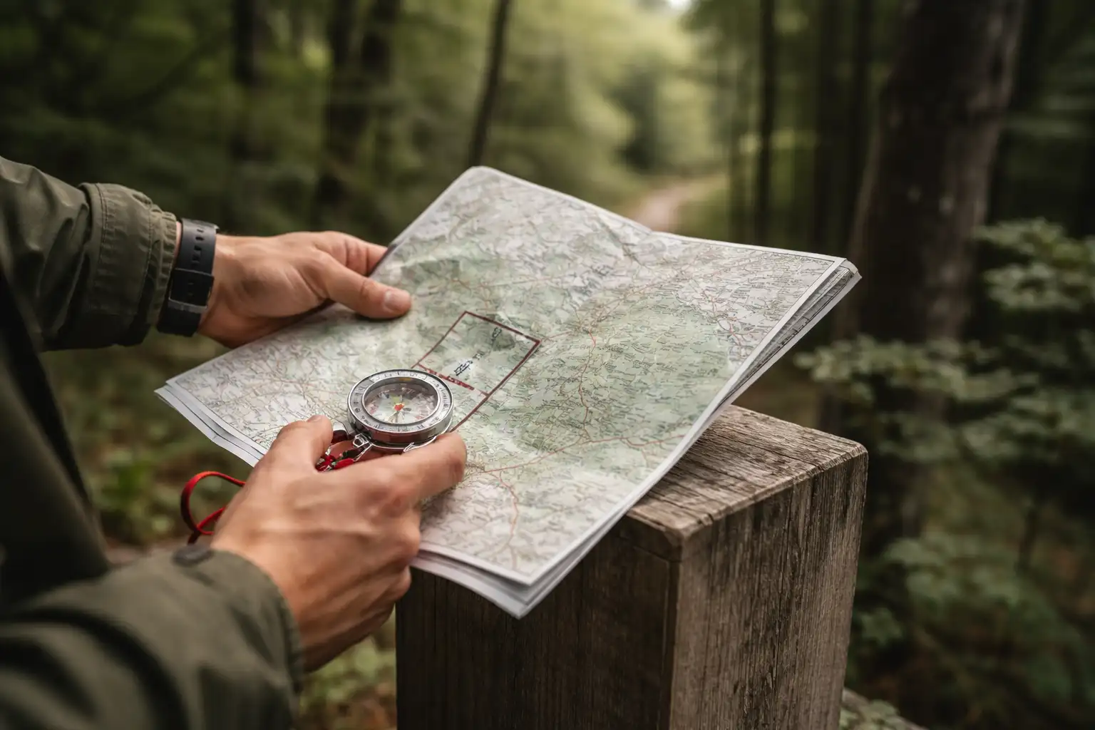 Randonneur consultant une carte IGN au sommet d'une colline boisée