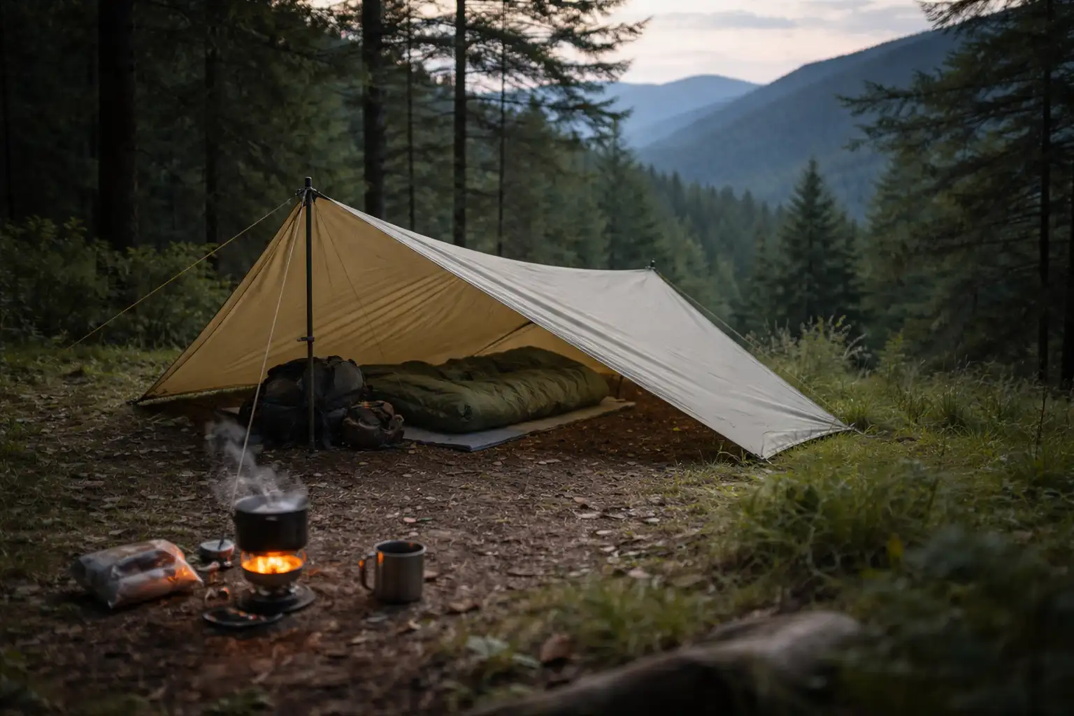 Bivouac minimaliste sous tarp en lisière de forêt au crépuscule
