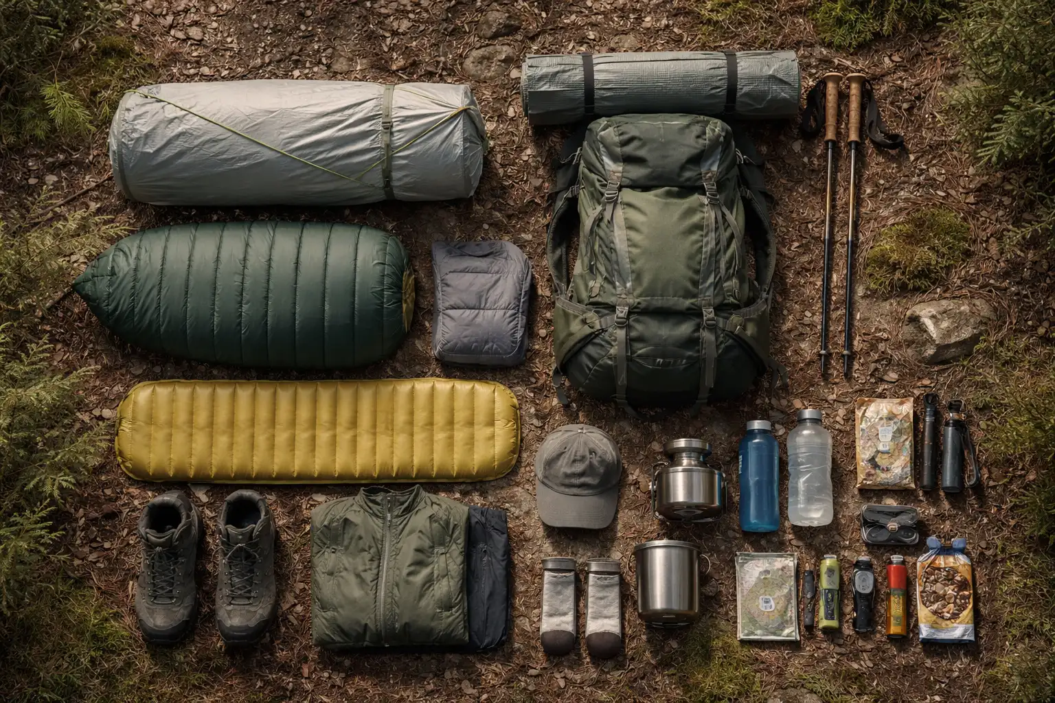 Équipement de trek 2 jours disposé sur un sol forestier