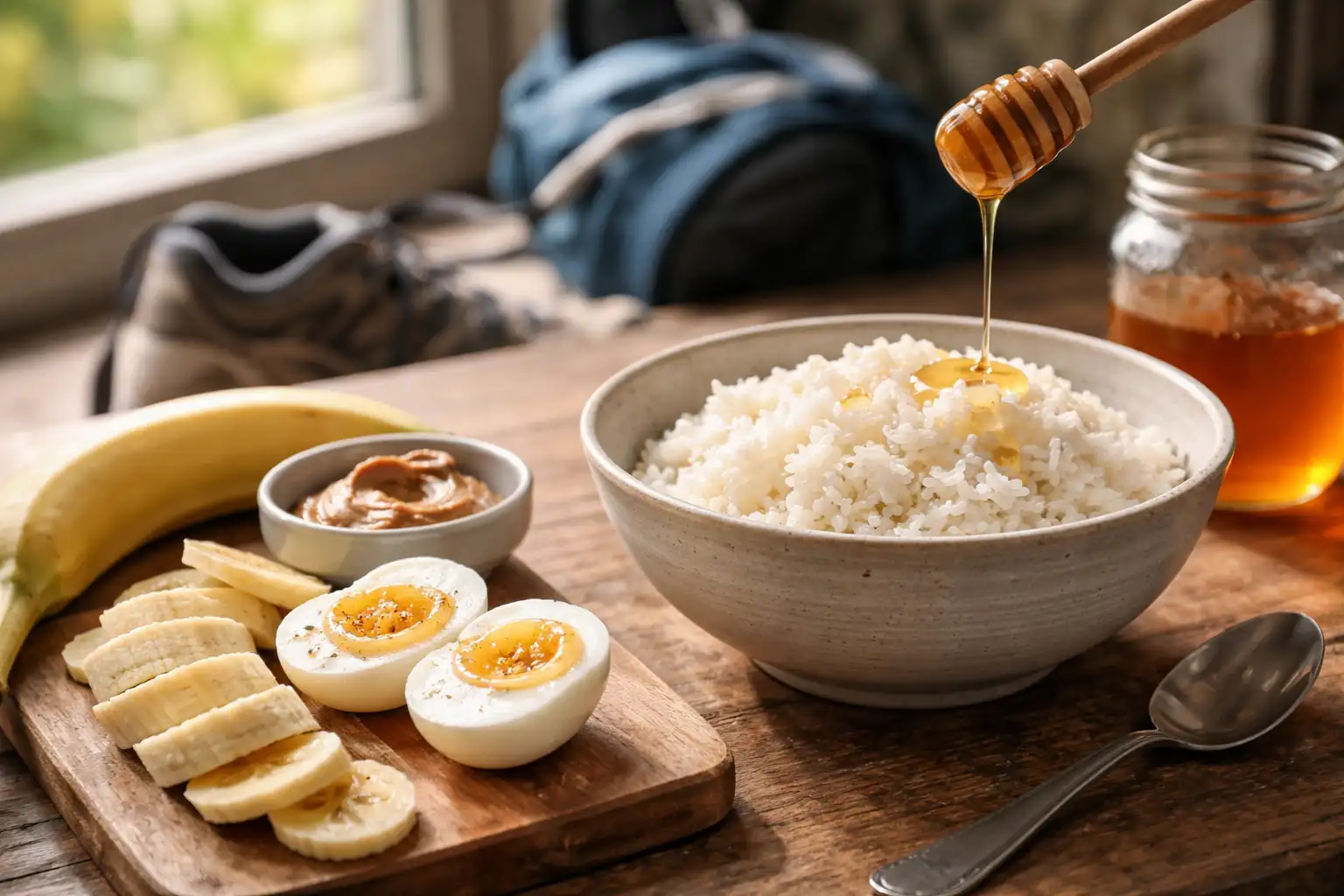 Petit-déjeuner trail simple avec riz blanc, banane et œuf sur table en bois