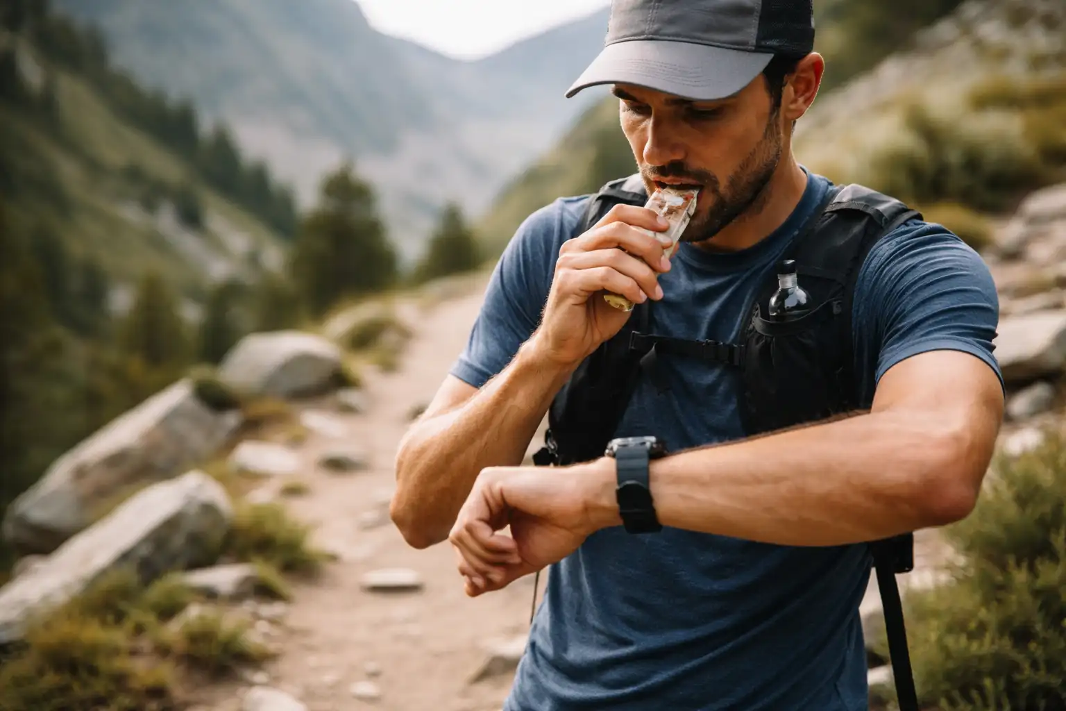 Coureur en trail consultant sa montre et mangeant une barre énergétique en montagne
