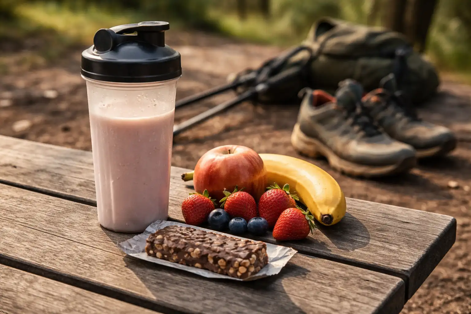Boisson de récupération et fruits frais sur table après trail en extérieur