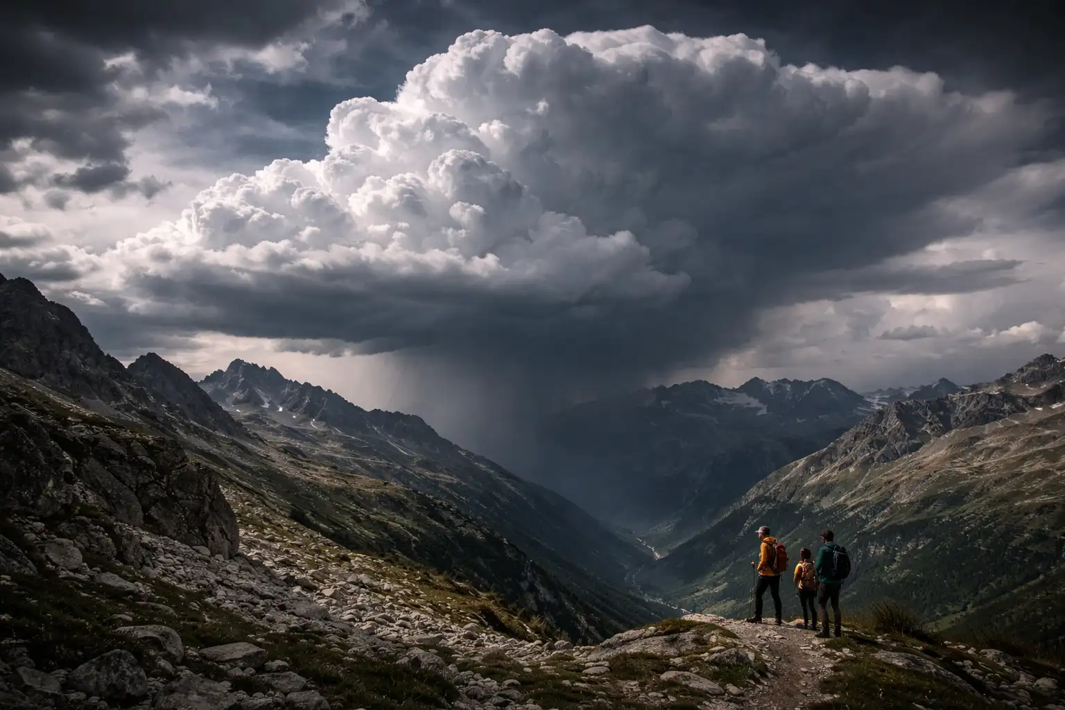 Cumulonimbus se développant au-dessus d'une crête de montagne, avec base sombre et sommet en enclume